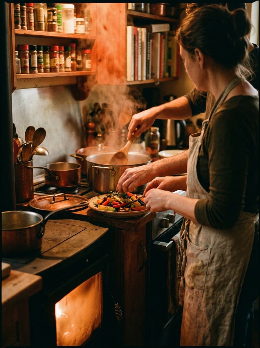 Hobbyköchin kocht in einer warmen Küche eine eigene Kreation am Feuer
